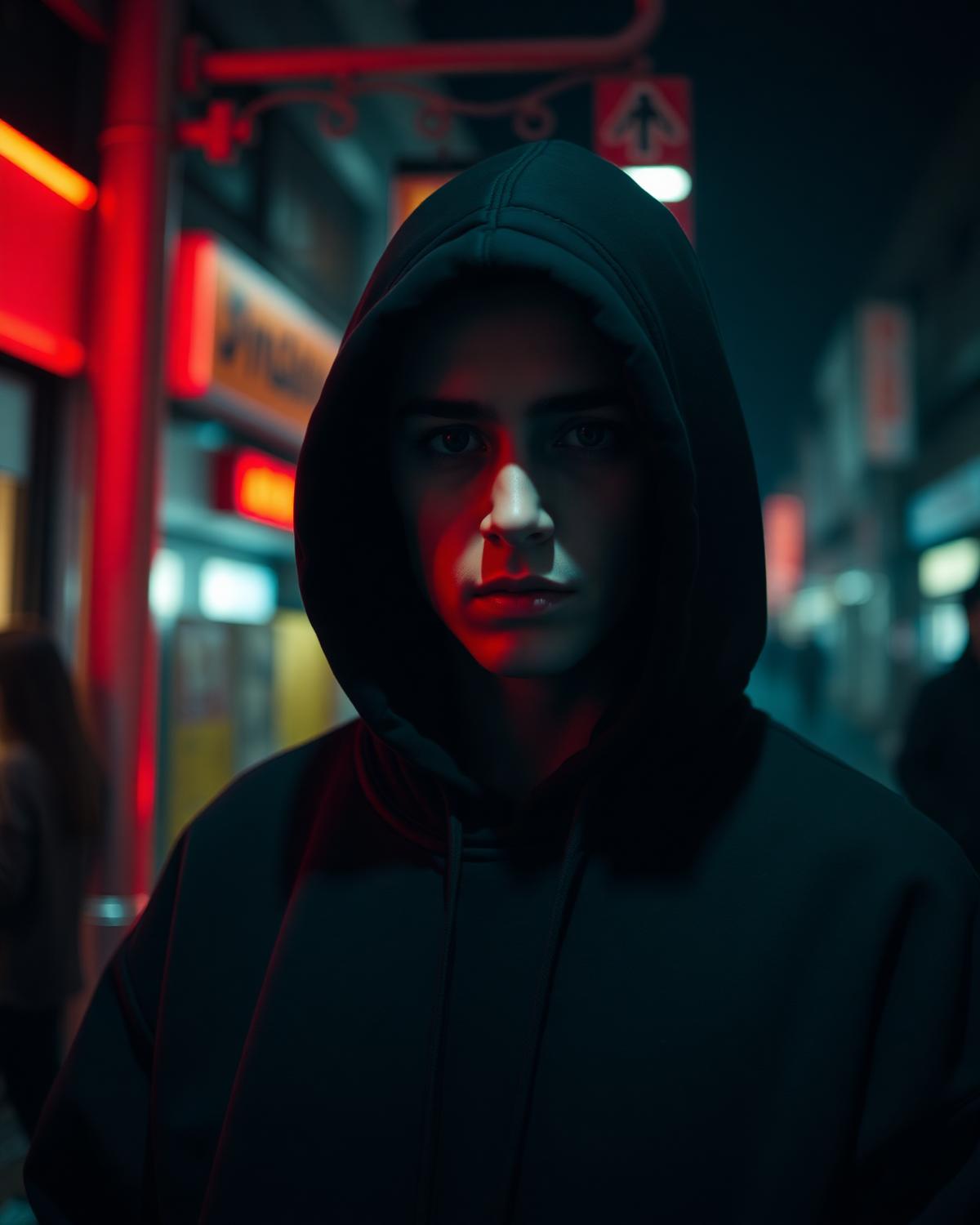 Editorial portrait in oversized hoodie under red neon
