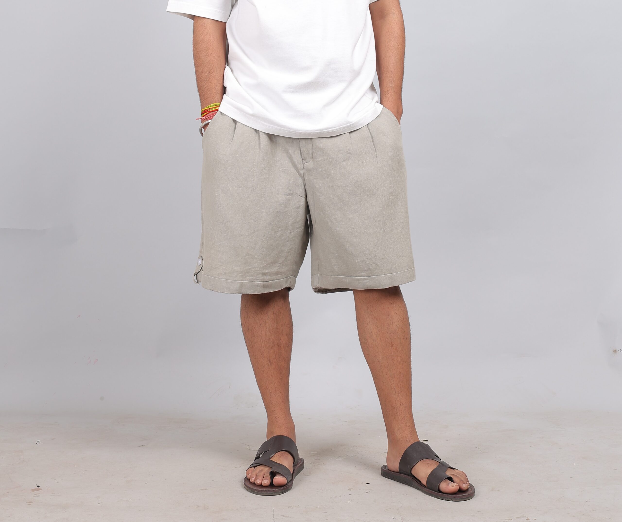 double pleated wide linen shorts for men