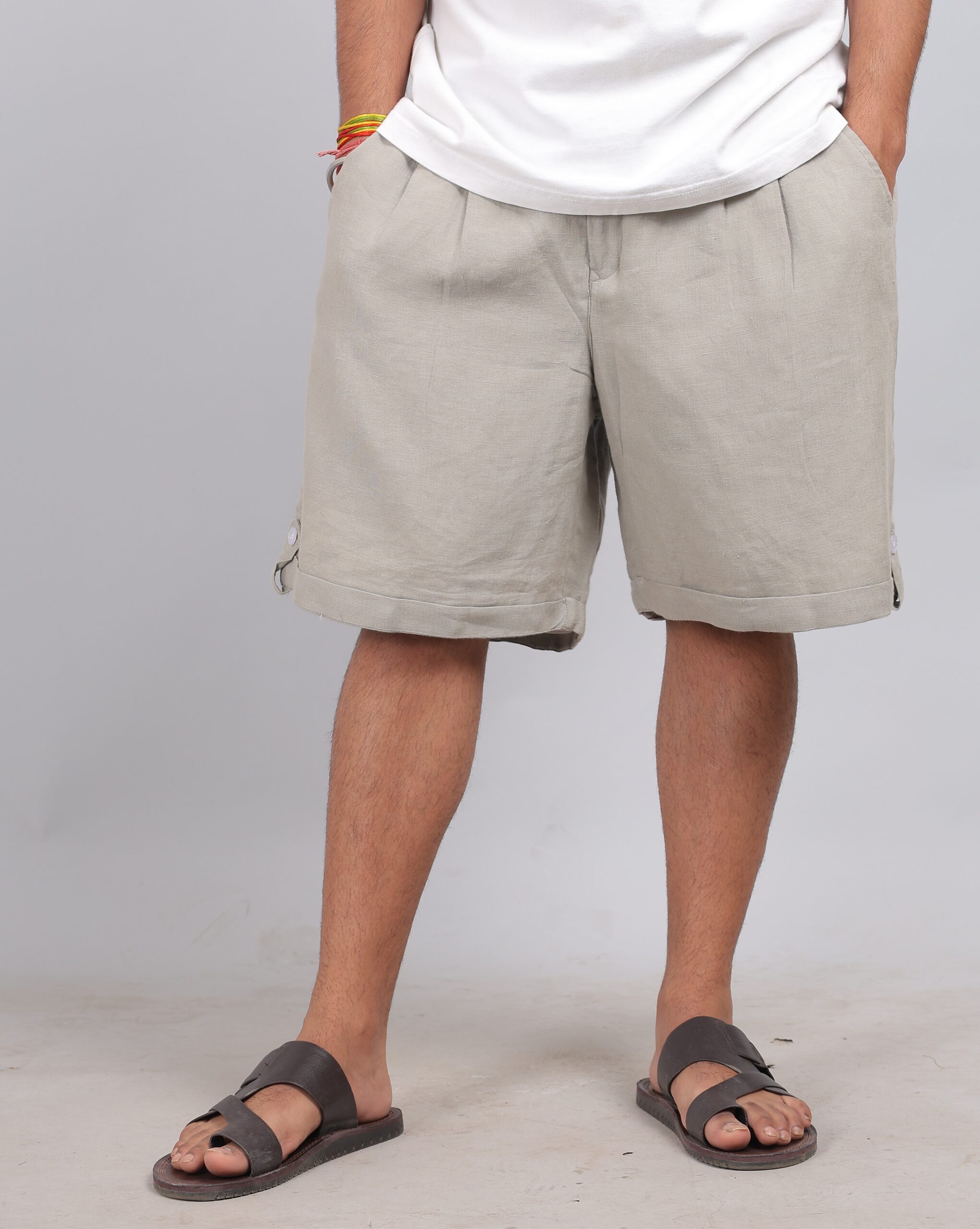 double pleated wide linen shorts for men