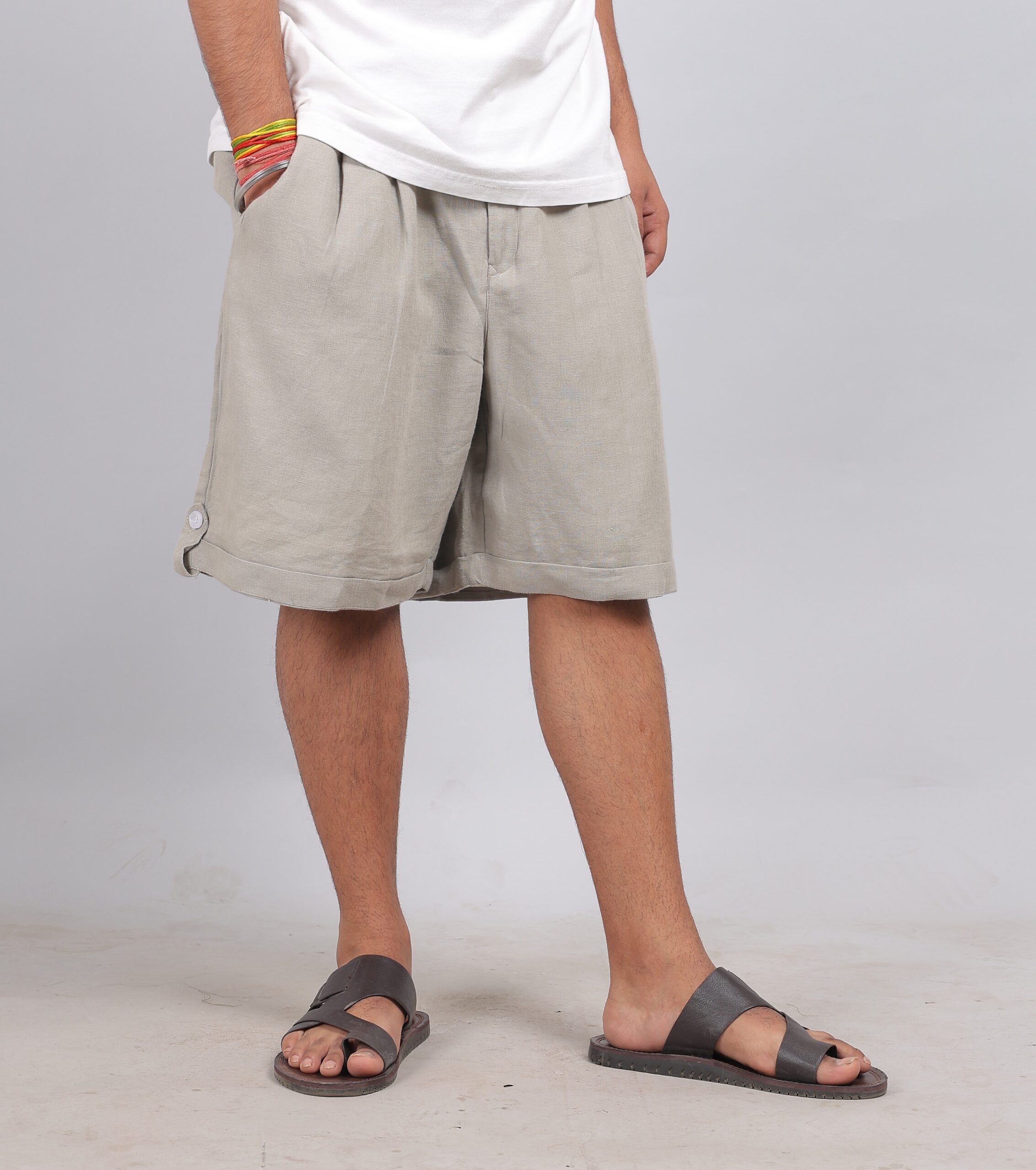 double pleated wide linen shorts for men