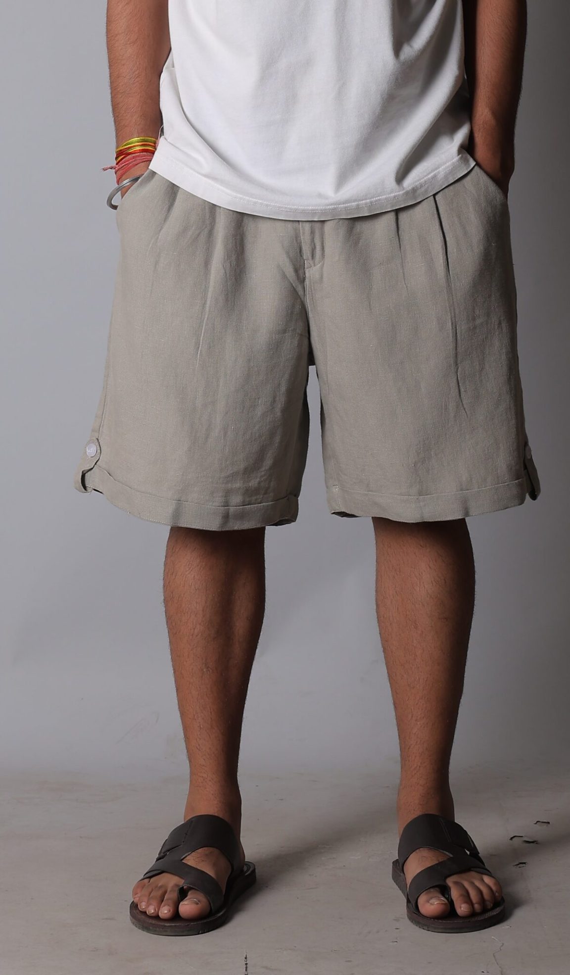 double pleated wide linen shorts for men